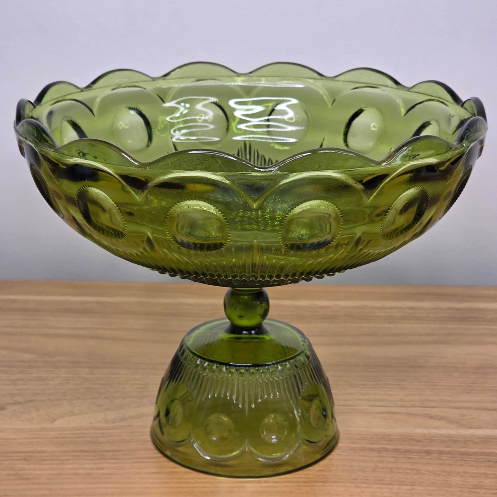 Vintage LE Smith Green Moon And Stars Glass Compote Candy Fruit Pedestal Dish